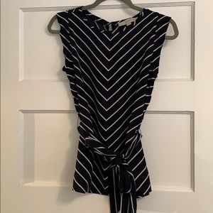 LOFT Navy White Striped Bow Top